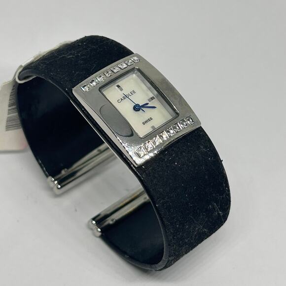 Carolee Mother Pearl Silver Tone Black Bangle Watch Working New Battery - Picture 3 of 8